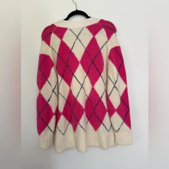Everlane SuperFuzz Alpaca Cardigan Pink White Argyle Sweater Oversize Medium - Picture 2 of 8